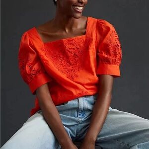 By Anthropologie Short-Sleeve Cutwork Blouse size Small